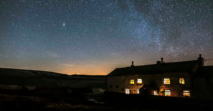 Cottage at Beckleshele, County Durham with starry night sky